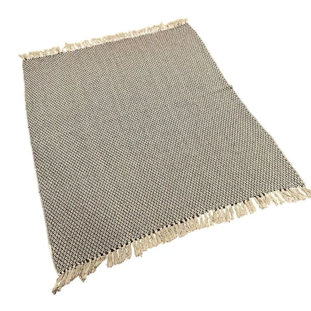 Boho Patterned Throw Blanket with Fringe in Blue and White